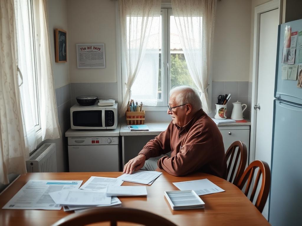 Senior allein zu Hause mit Unterlagen