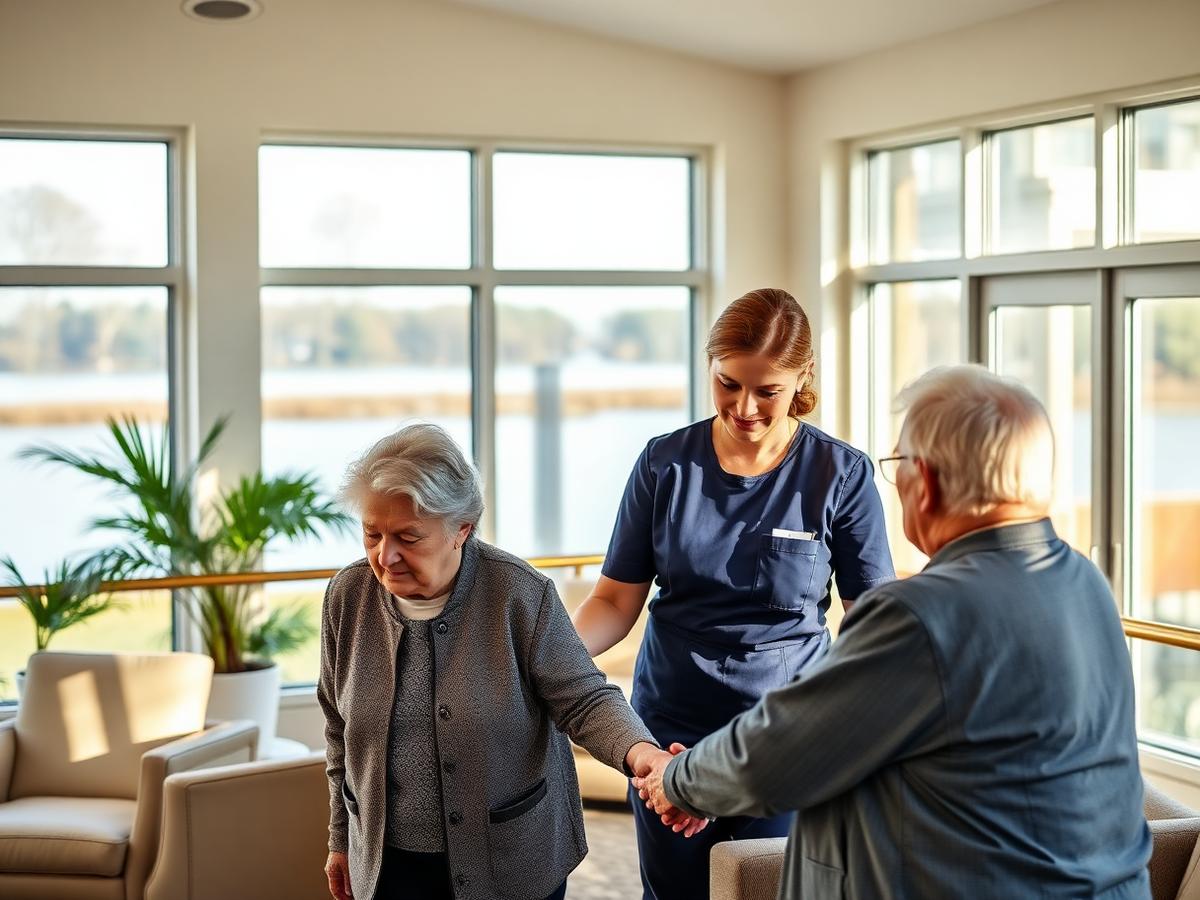 Betreuungspersonal unterstützt Seniorin und Partner in heller Lounge mit Seeblick
