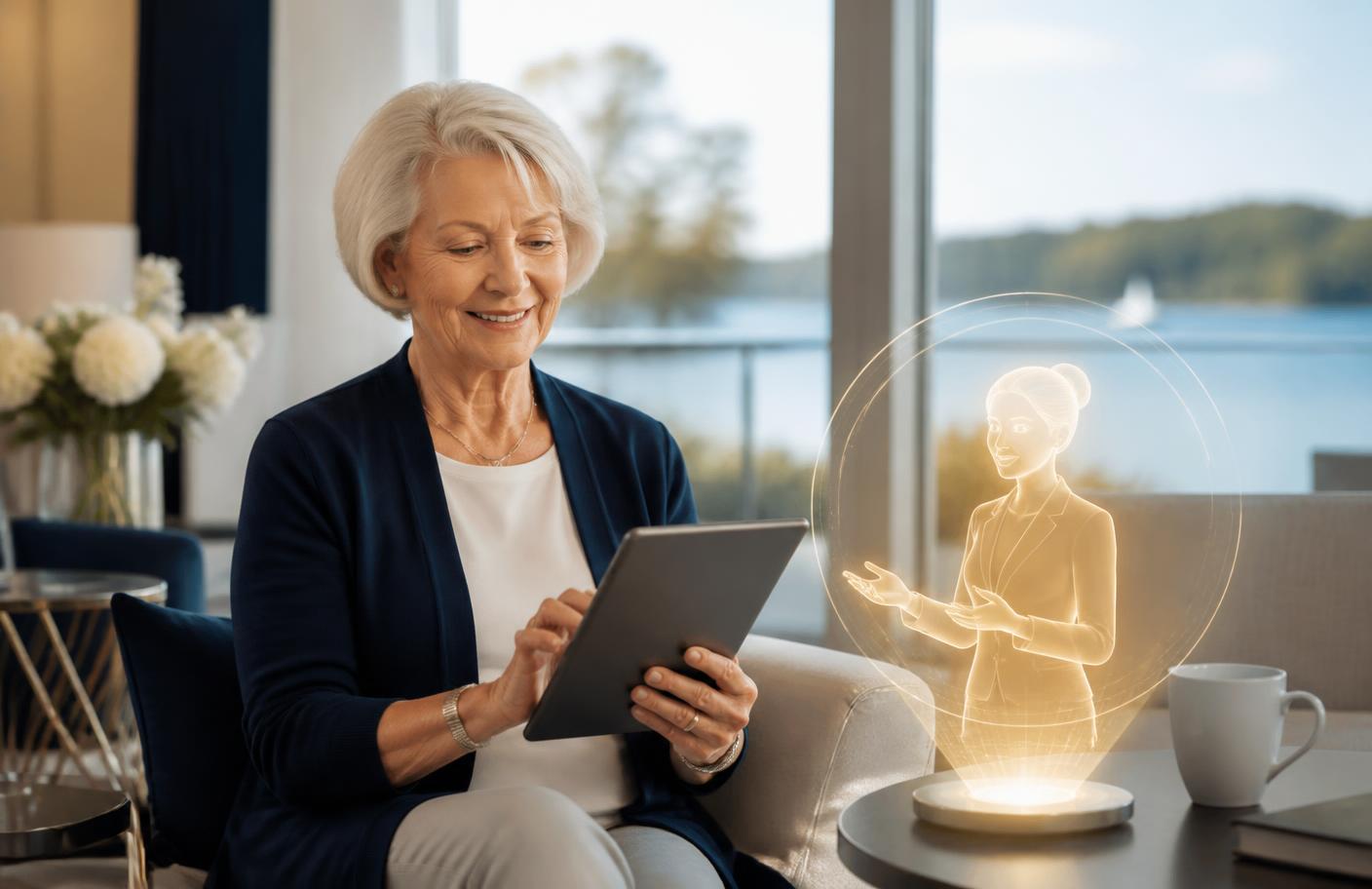 Seniorin nutzt Tablet mit KI-Assistentin Mia in heller Lounge mit Seeblick