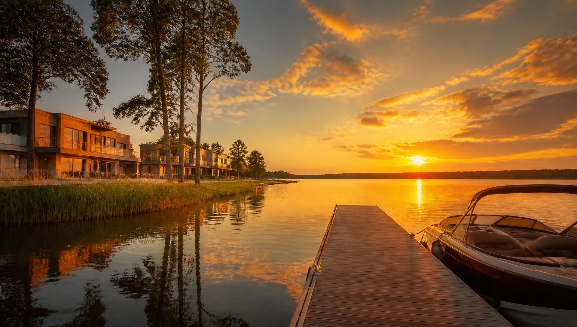 Sonnenuntergang am See mit Steg und moderner Architektur der Seeresidenz