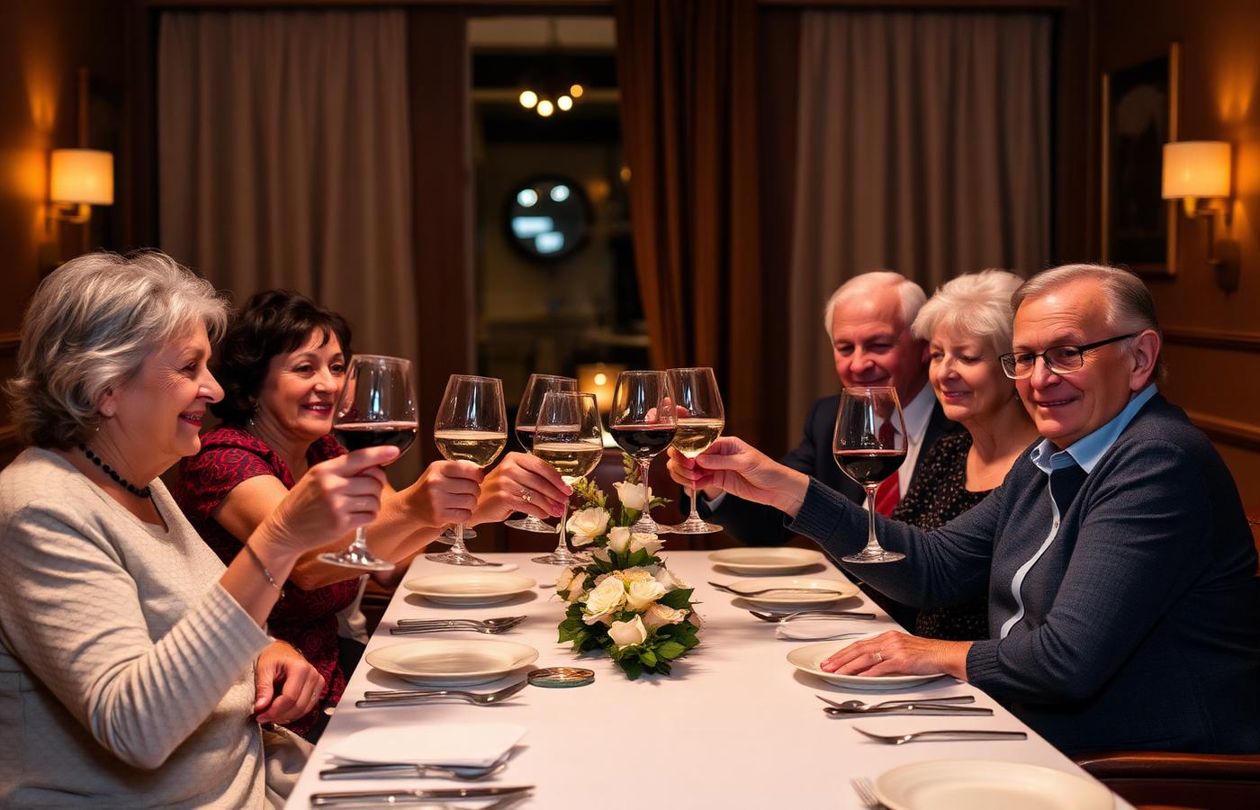 Freundesgruppe stößt bei einem privaten Dinner mit Wein an